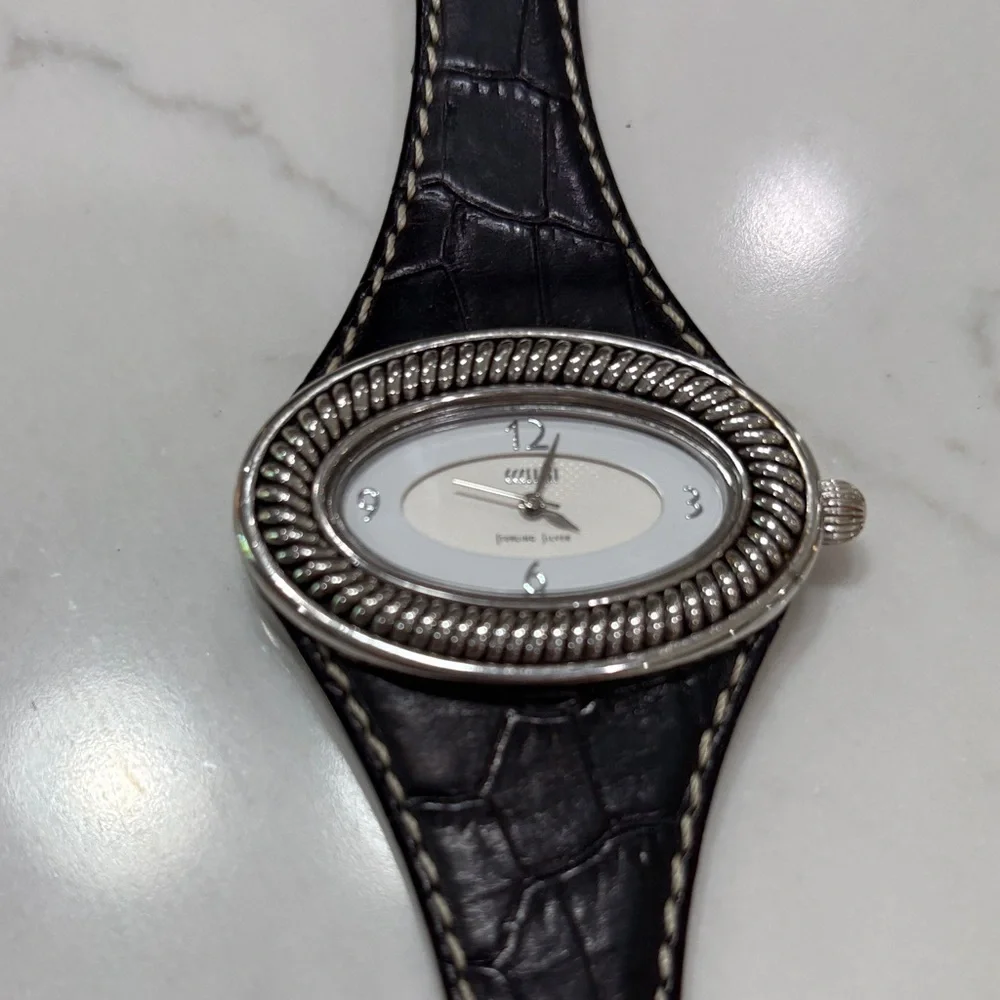 Black Leather Strap Women's Oval Silver-Tone Watch